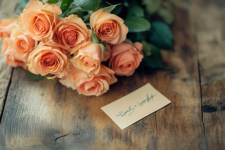 A charming bouquet of roses accompanied by a handwritten note is placed on a rustic wooden table, creating a warm atmosphere.の素材