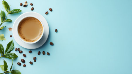 A freshly brewed cup of coffee is accompanied by a good morning wish, surrounded by coffee beans on a soothing light blue backdrop.の素材