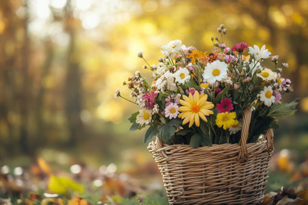 A wicker basket overflows with vibrant seasonal flowers, enhancing the natural beauty of the outdoor autumn landscape.の素材