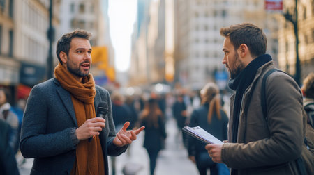 An expert discusses important topics during a live interview with a journalist amidst a bustling urban environment.の素材