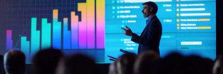 An expert confidently shares insights at a conference, with vibrant charts displayed on a large screen behind them.の素材