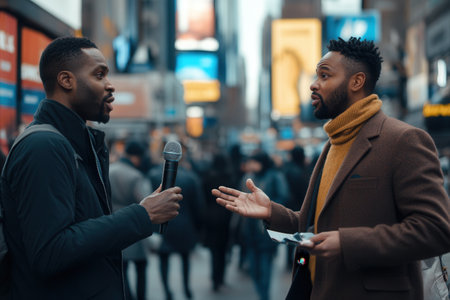 An expert engages in a lively discussion with a journalist amidst a busy city street filled with pedestrians and advertisements.の素材