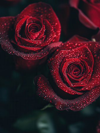 Delicate petals of deep red roses glisten with water droplets, showing their vibrant color and fresh appearance in a garden.の素材