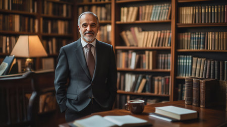 A distinguished professor poses confidently in a well-lit office, surrounded by shelves brimming with books and a warm ambiance.の素材