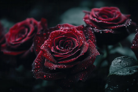 Deep red roses showcase their velvety petals, adorned with shimmering water droplets, revealing nature's beauty in a serene garden.の素材