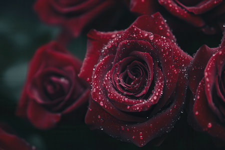 Deep red roses with water droplets shimmer gently, showcasing beauty in a tranquil garden environment during early morning hours.の素材