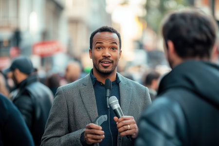 An expert shares insights with a journalist amid a bustling urban environment, with pedestrians and city life around them.の素材