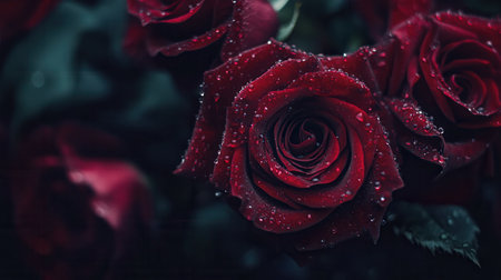 Deep red roses glisten with delicate water droplets, exuding beauty and freshness on a serene afternoon.の素材