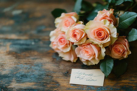 Delicate roses in soft hues lie on a rustic wooden table, accompanied by a small handwritten note for a personal touch.の素材