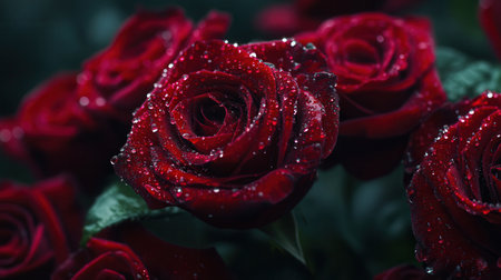 The bouquet of deep red roses showcases exquisite petals adorned with delicate water droplets, reflecting morning dew in a vibrant garden.の素材