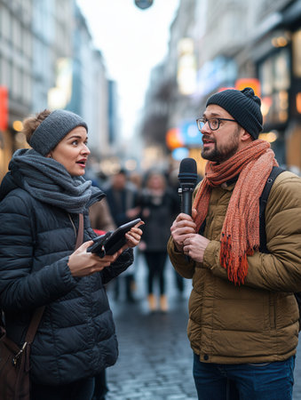 A journalist conducts an engaging interview with an expert on a bustling city street during a lively winter day.の素材