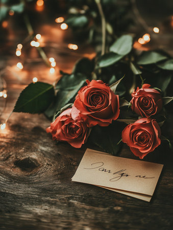 A charming bouquet of red roses rests on a rustic wooden table, accompanied by a handwritten note under soft evening lights.の素材