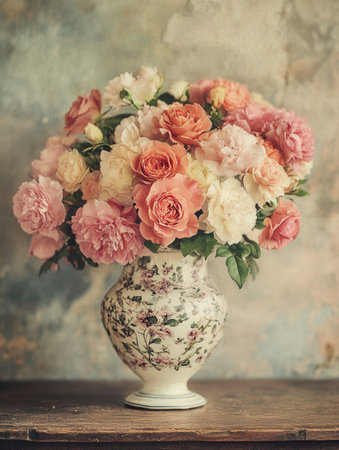 A beautiful arrangement of roses and carnations in a vintage ceramic vase sits elegantly on an antique wooden table, adding charm.の素材