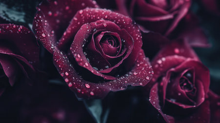 The bouquet showcases velvety deep red roses enhanced by shimmering droplets, reflecting the freshness of a morning dew in a garden.の素材