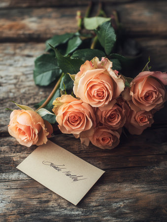A beautiful bouquet of roses rests on a rustic wooden table, accompanied by a small handwritten note expressing affection.の素材