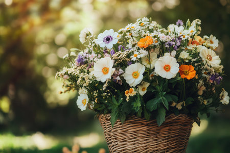 A wicker basket holds a vibrant mix of seasonal flowers, showing colorful blooms against a serene outdoor backdrop.の素材