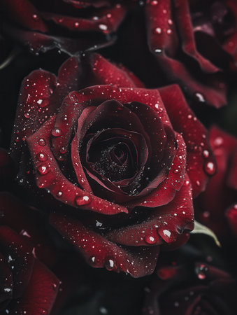A stunning arrangement of deep red roses glistens with dew, highlighting their intricate petals and natural elegance in a garden.の素材