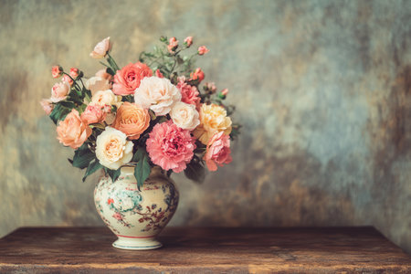 A lovely bouquet of roses and carnations is elegantly displayed in a vintage ceramic vase atop an antique wooden table bathed in soft light.の素材
