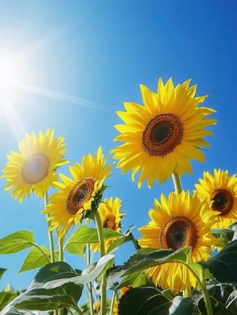 Sunflowers delightfully reach for the sun, enjoying the bright day with a clear blue sky as their backdrop in full bloom.の素材