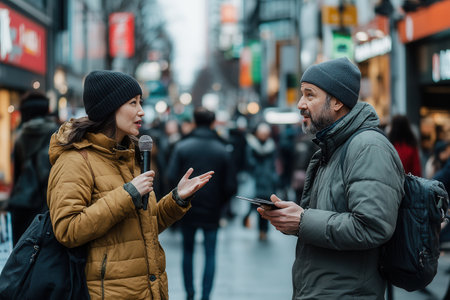 An expert engages in a lively discussion with a journalist on a busy city street filled with pedestrians and vibrant shopfronts.の素材