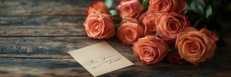 A lovely bouquet of roses rests on a rustic wooden table, accompanied by a small handwritten note expressing affection and care.の素材