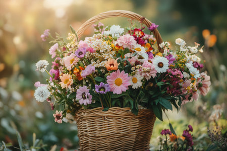 A wicker basket filled with a colorful assortment of seasonal flowers sits beautifully in a tranquil outdoor setting, capturing the essence of nature.の素材
