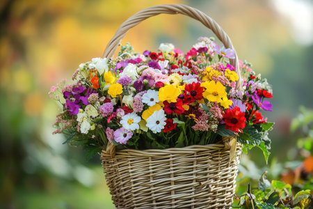 A colorful arrangement of seasonal flowers in a wicker basket stands out beautifully against a natural outdoor setting.の素材