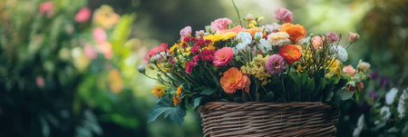 A vibrant bouquet of seasonal flowers arranged in a wicker basket is set against a lush, green outdoor background on a sunny day.の素材