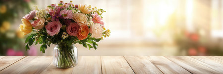 A beautifully arranged bouquet of mixed flowers brightens up a light wooden table in a warm, sunny room.の素材