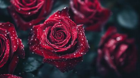 This bouquet showcases deep red roses, each delicate petal glistening with water droplets, evoking a fresh morning ambiance.の素材