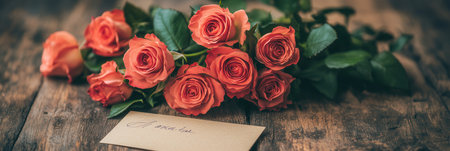 A beautiful bouquet of pink roses rests on a rustic wooden table, accompanied by a small handwritten note, adding a personal touch.の素材