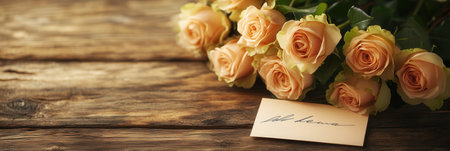 Delicate roses adorn a rustic wooden table, their beauty enhanced by a small handwritten note expressing warmth and affection.の素材