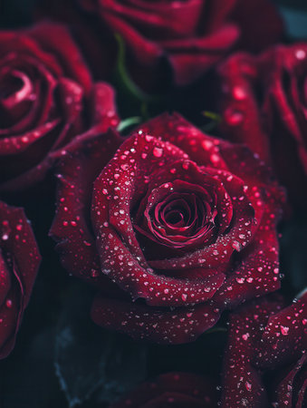 Deep red roses with fresh dew droplets highlight their rich color and intricate petal structure, creating a stunning floral display.の素材