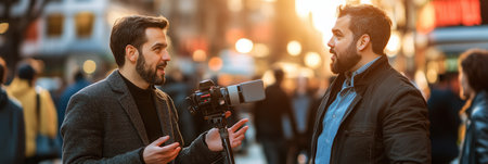 An experts engage in a live interview with a journalist against a vibrant city backdrop filled with activity and warm light.の素材