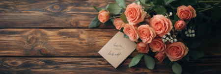 Delicate roses in soft hues are elegantly arranged with a handwritten note placed on a rustic wooden table, adding charm and warmth.の素材