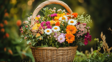 A colorful assortment of seasonal blooms in a wicker basket rests beautifully in a serene outdoor setting surrounded by nature.の素材
