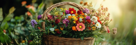 A wicker basket filled with colorful seasonal flowers sits beautifully in a sunny outdoor setting, capturing the essence of nature.の素材