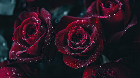 The bouquet of deep red roses glistens with delicate water droplets, emphasizing their lush texture and vibrant color.の素材