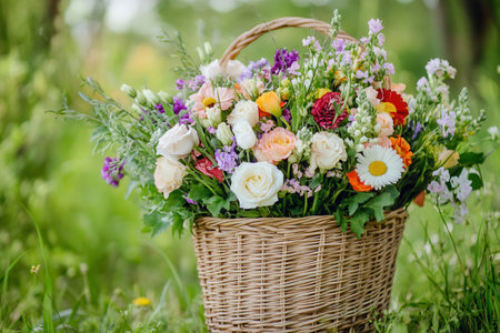 This wicker basket overflows with a vibrant bouquet of mixed seasonal flowers in a peaceful outdoor environment bathed in natural light.の素材