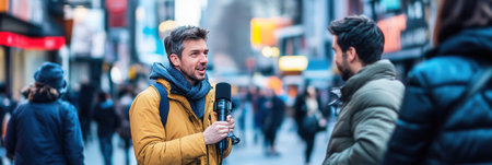 A journalist interviews an expert on a bustling city street filled with pedestrians, capturing the energy of urban life.の素材