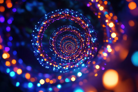 Colorful Christmas lights twist in a spiral formation, producing an enchanting display perfect for holiday festivities and gatherings.の素材