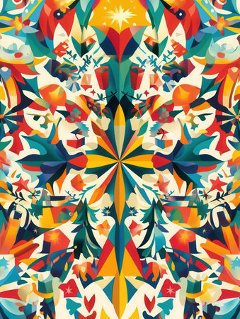 This stunning abstract pattern showcases various Christmas symbols, including trees, stars, snowflakes, and gifts, bursting with color.の素材