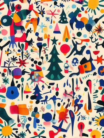 Complex abstract pattern showcases a festive arrangement of Christmas symbols, including trees, stars, and snowflakes, in vivid colors.の素材