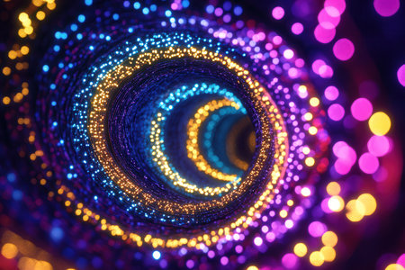 Bright Christmas lights spiral in a captivating vortex pattern, illuminating the night with vibrant colors during holiday festivities.の素材