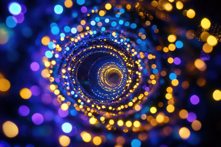 Brightly colored Christmas lights swirl in a dynamic vortex, adding festive charm to a joyful holiday atmosphere.の素材