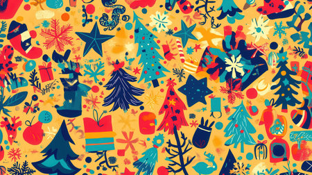 This vibrant abstract design showcases various Christmas symbols, including trees, stars, gifts, and snowflakes in a colorful arrangement.の素材