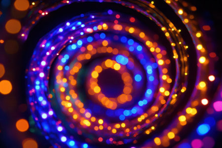 Brightly colored Christmas lights twinkle and spiral, forming a captivating vortex of light, perfect for holiday celebrations.の素材