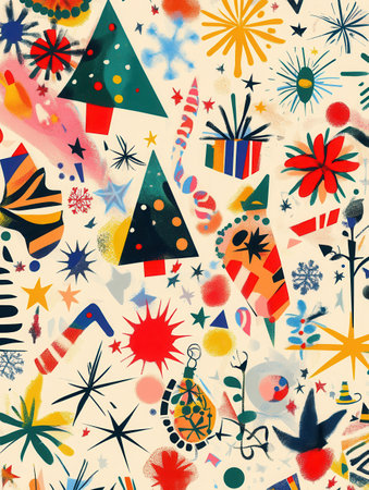 Celebrate the holiday spirit through a vibrant abstract design filled with Christmas symbols like trees, stars, and gifts.の素材