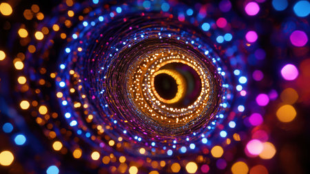 Brightly lit Christmas lights form a captivating spiral pattern, enhancing the festive atmosphere during the holiday celebrations.の素材