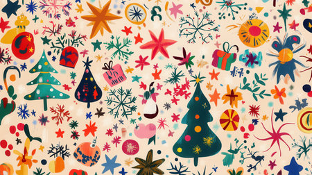 This artwork showcases a lively abstract pattern filled with Christmas trees, stars, snowflakes, and colorful gifts, celebrating the holiday spirit.の素材